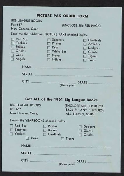 1961 Jay Publishing Picture Pak Order Form